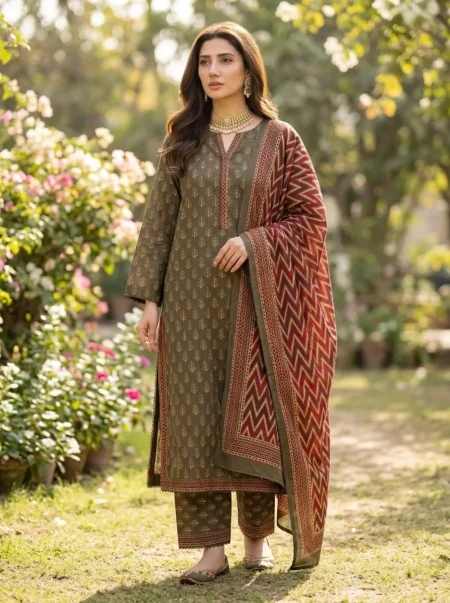 Zimal Olive Green Printed 3PC Suit