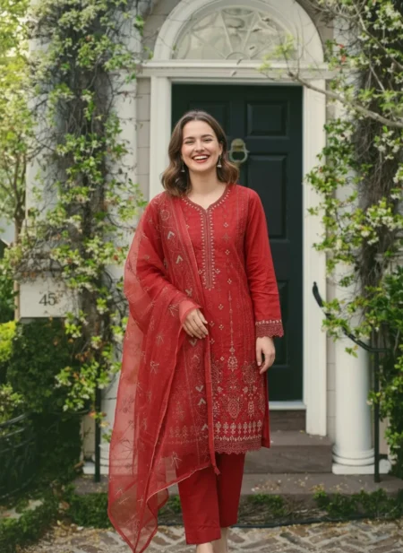 Rust Red Embroidered 3PC Suit