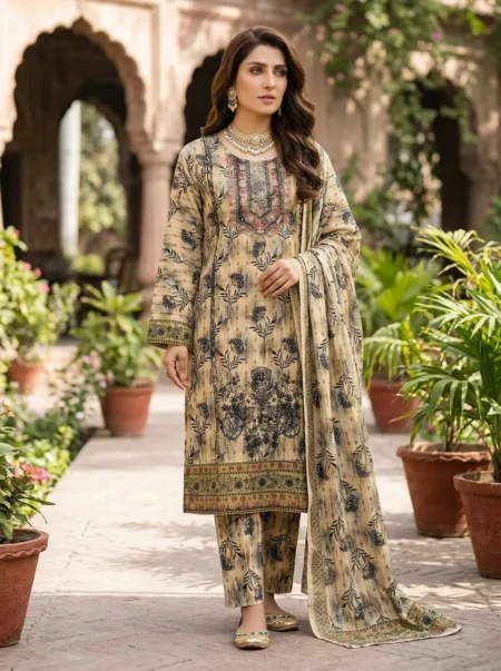 Woman wearing Meher beige embroidered 3 piece lawn suit with chiffon dupatta