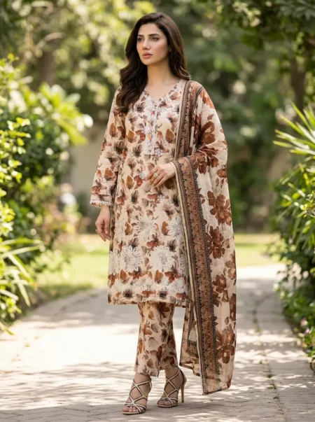 Haya Beige Floral Embroidered 3PC Suit