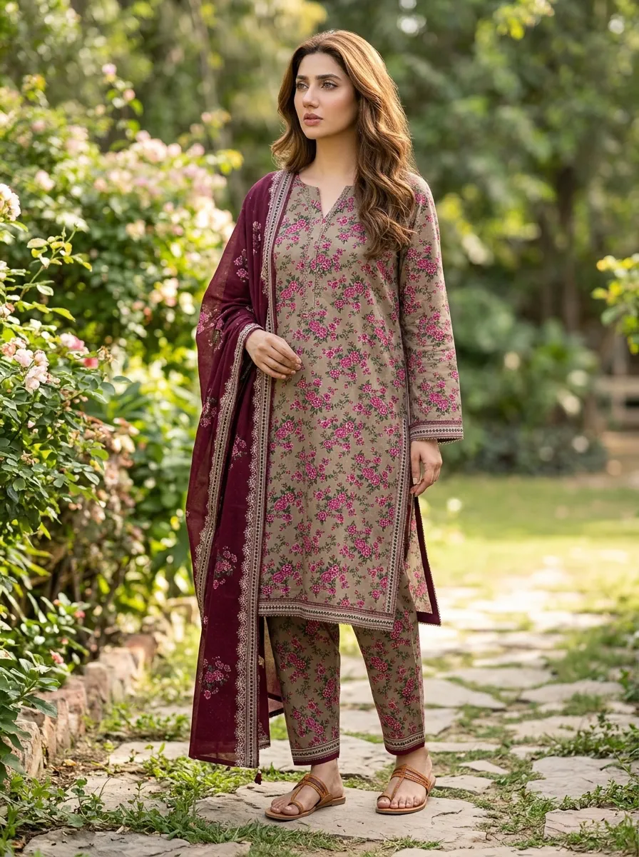 Abeer Taupe Floral 3PC Suit