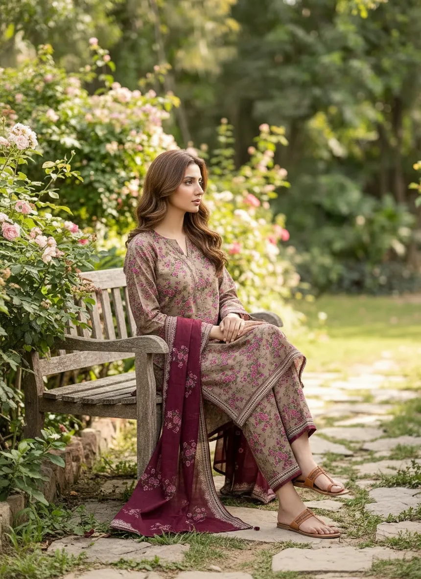Abeer Taupe Floral 3PC Suit - Image 2