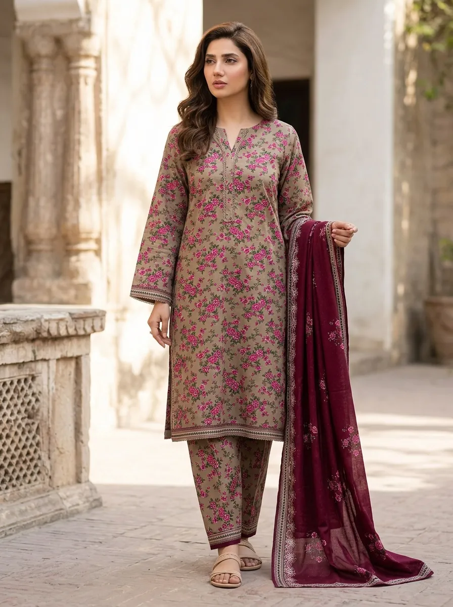 Abeer Taupe Floral 3PC Suit - Image 3