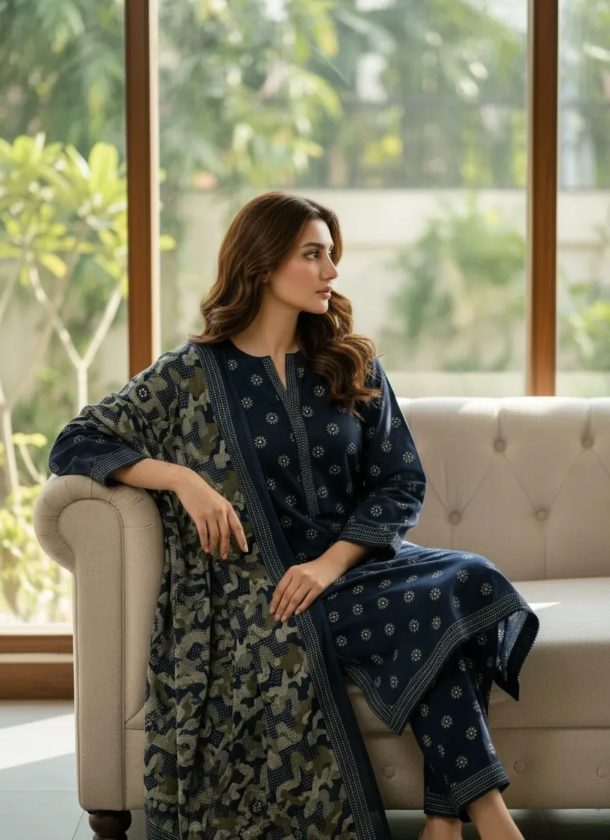 Areeba Navy Blue Printed 3PC Suit - Image 2