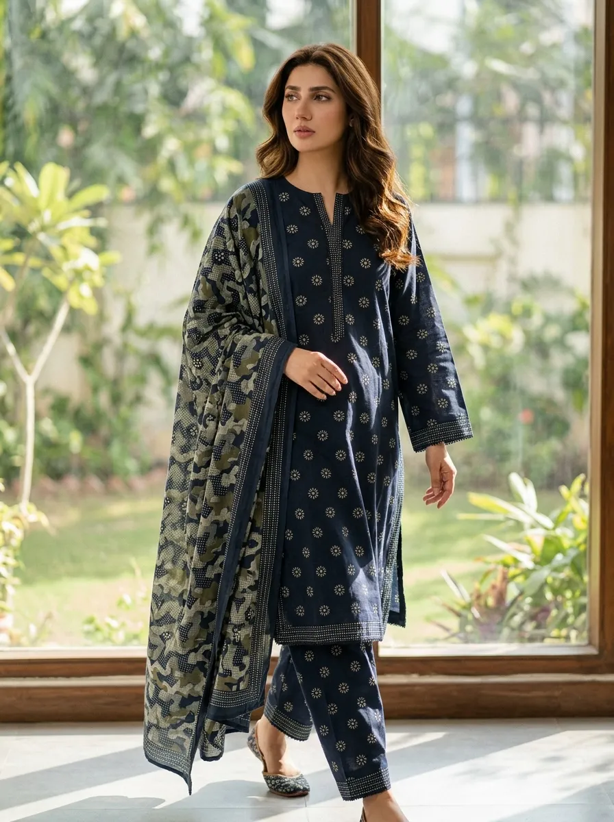 Areeba Navy Blue Printed 3PC Suit