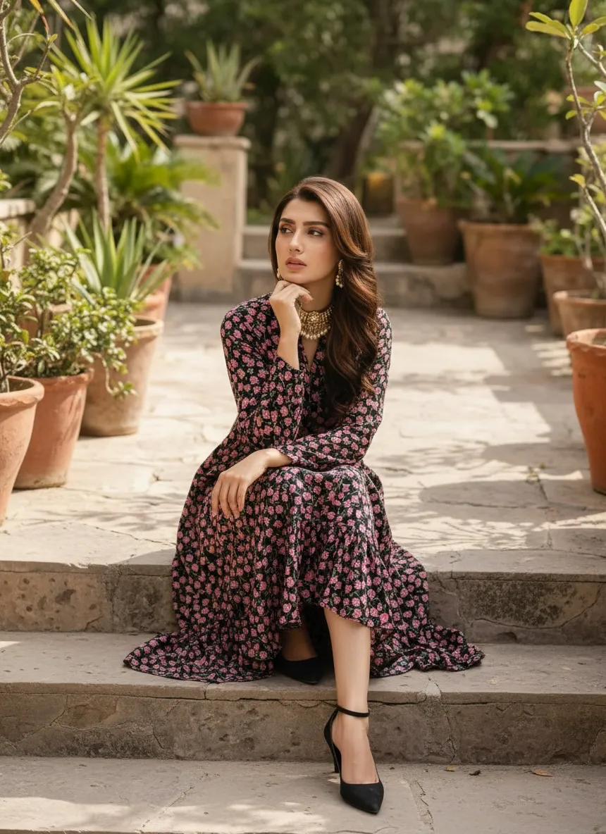 Black Pink Floral Printed Long Maxi Dress - Image 2