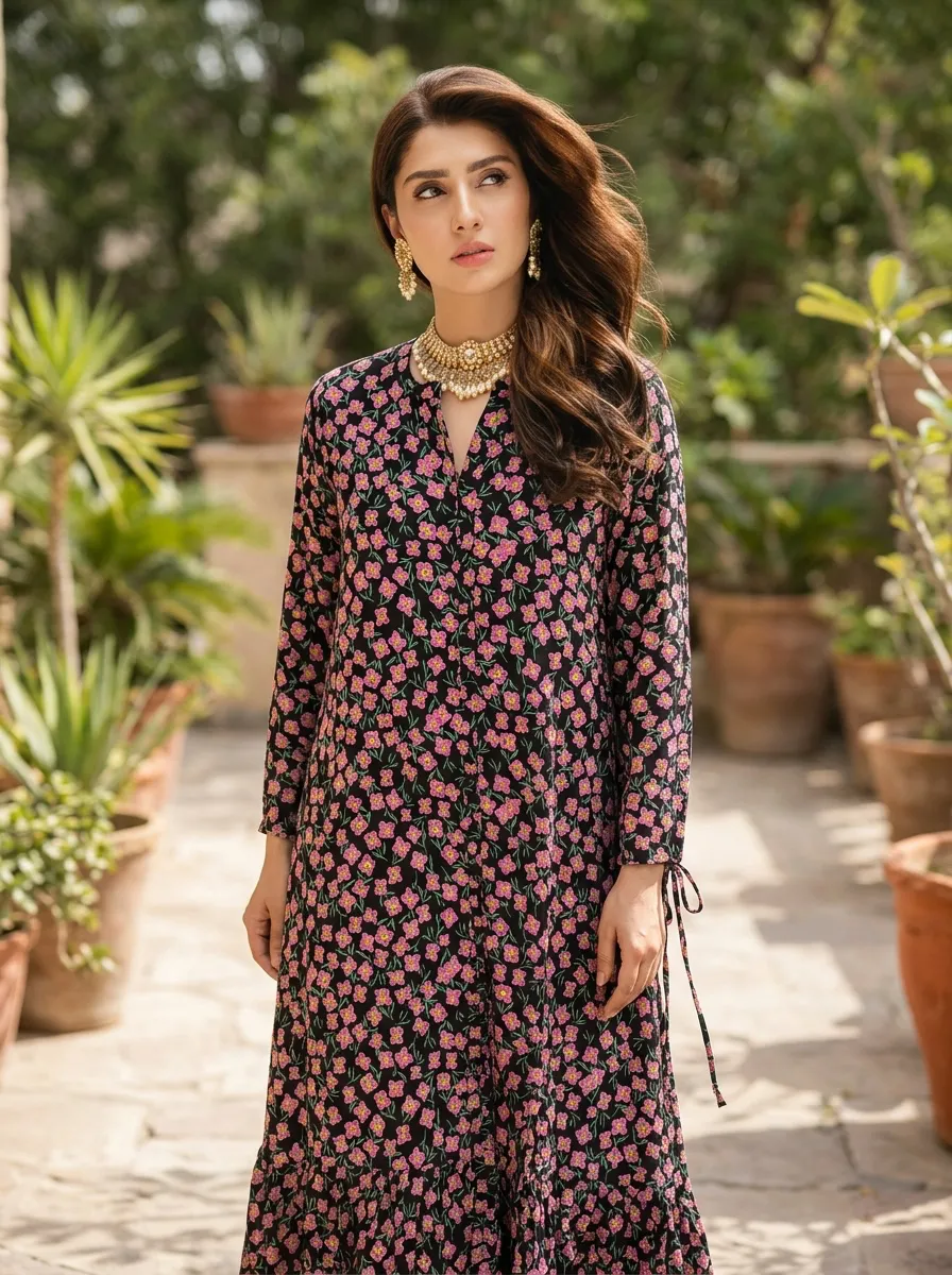 Black Pink Floral Printed Long Maxi Dress