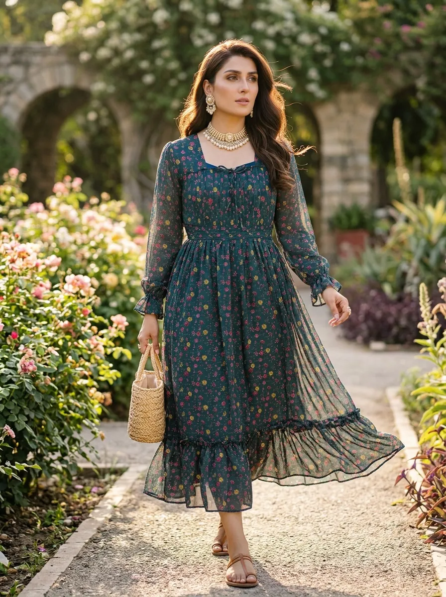 Teal Floral Tiered chifffon Maxi Dress