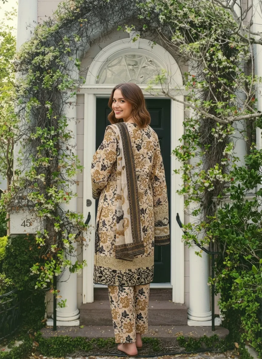 Beige Black Printed 3PC Suit - Image 2