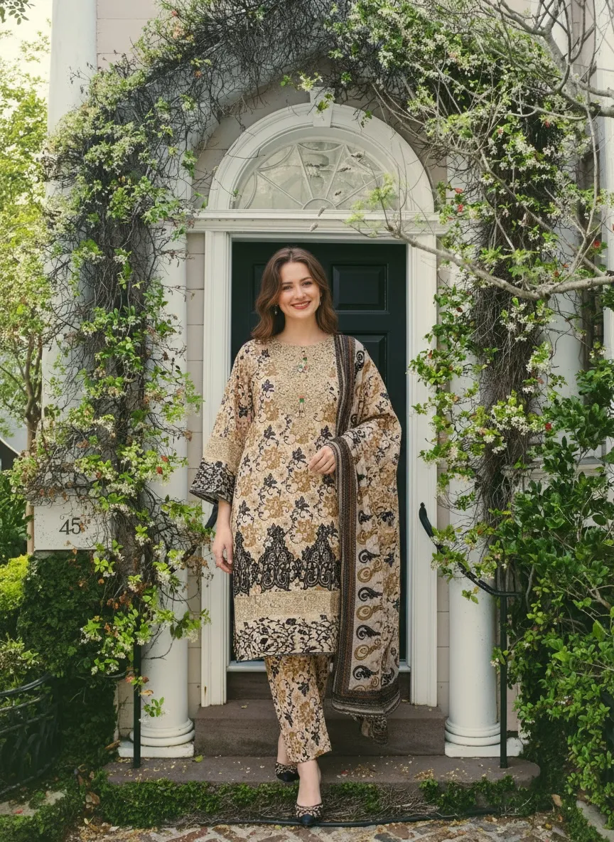 Beige Black Printed 3PC Suit