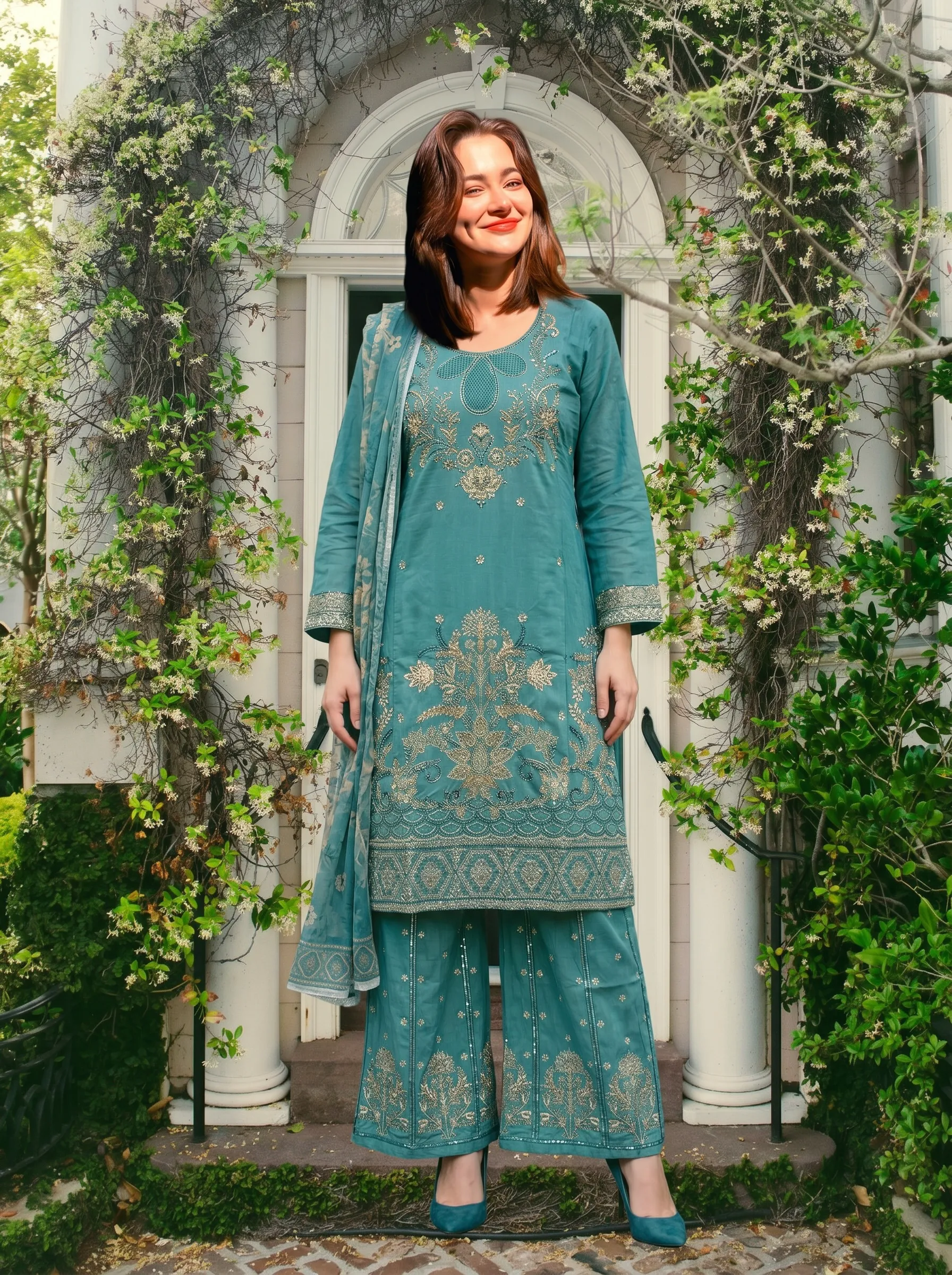 Teal Embroidered 3 Piece Suit with Dupatta
