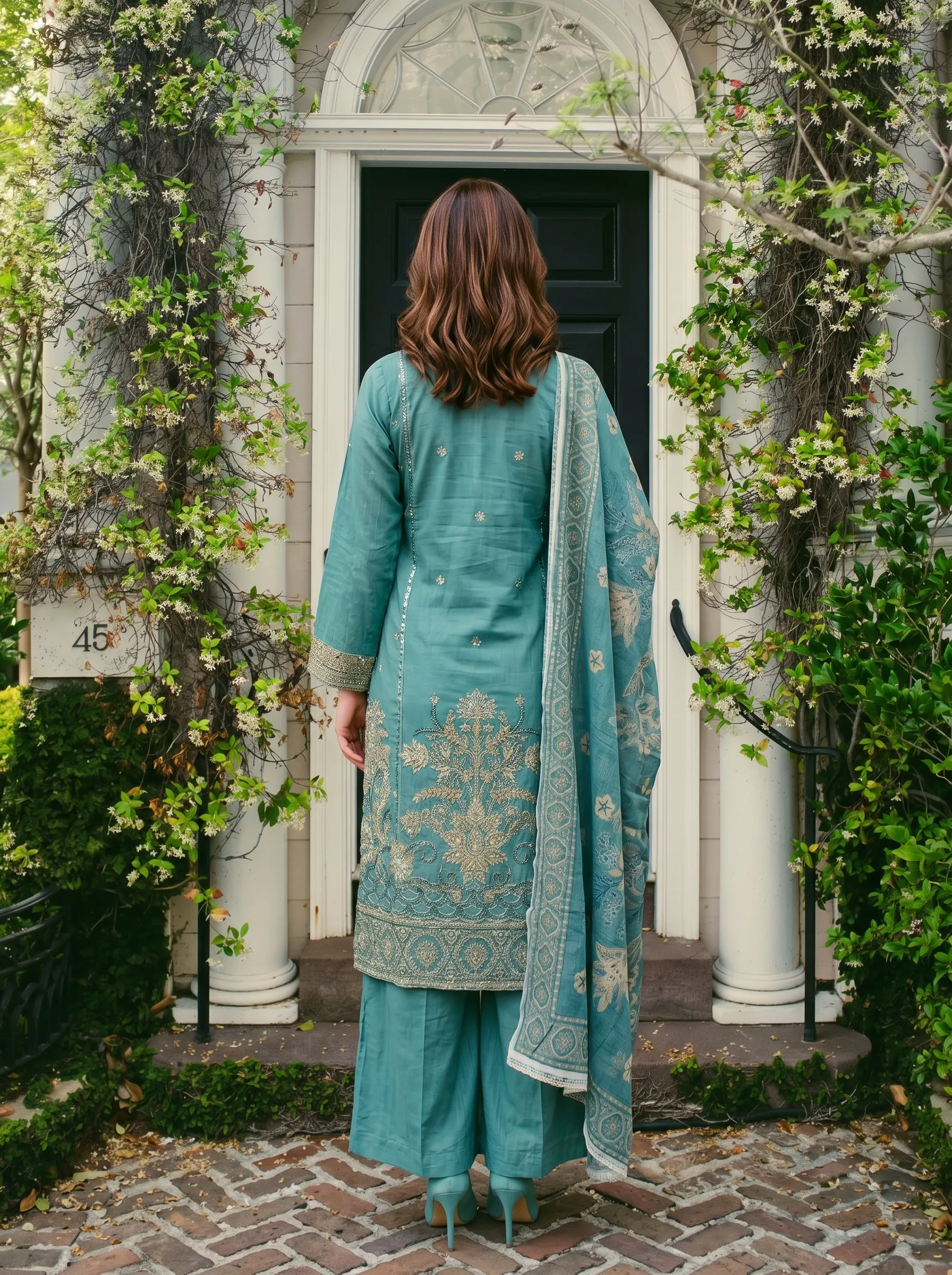 Teal Embroidered 3 Piece Suit with Dupatta - Image 2
