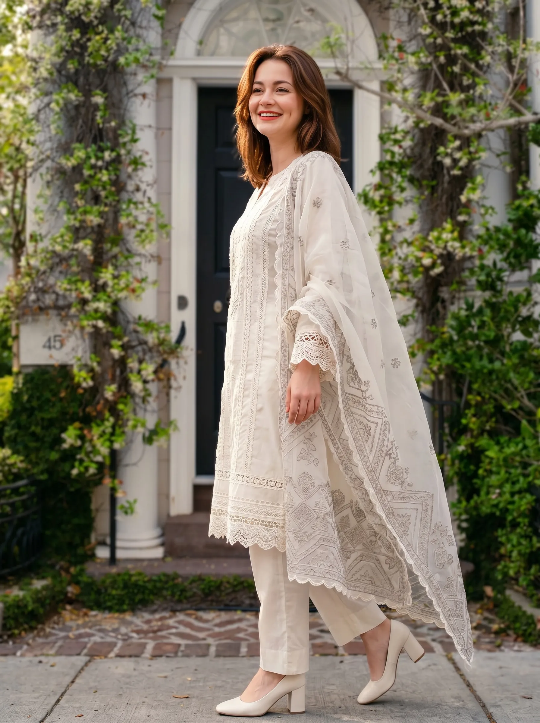 Ivory Embroidered 3 Piece Suit with Dupatta - Image 2
