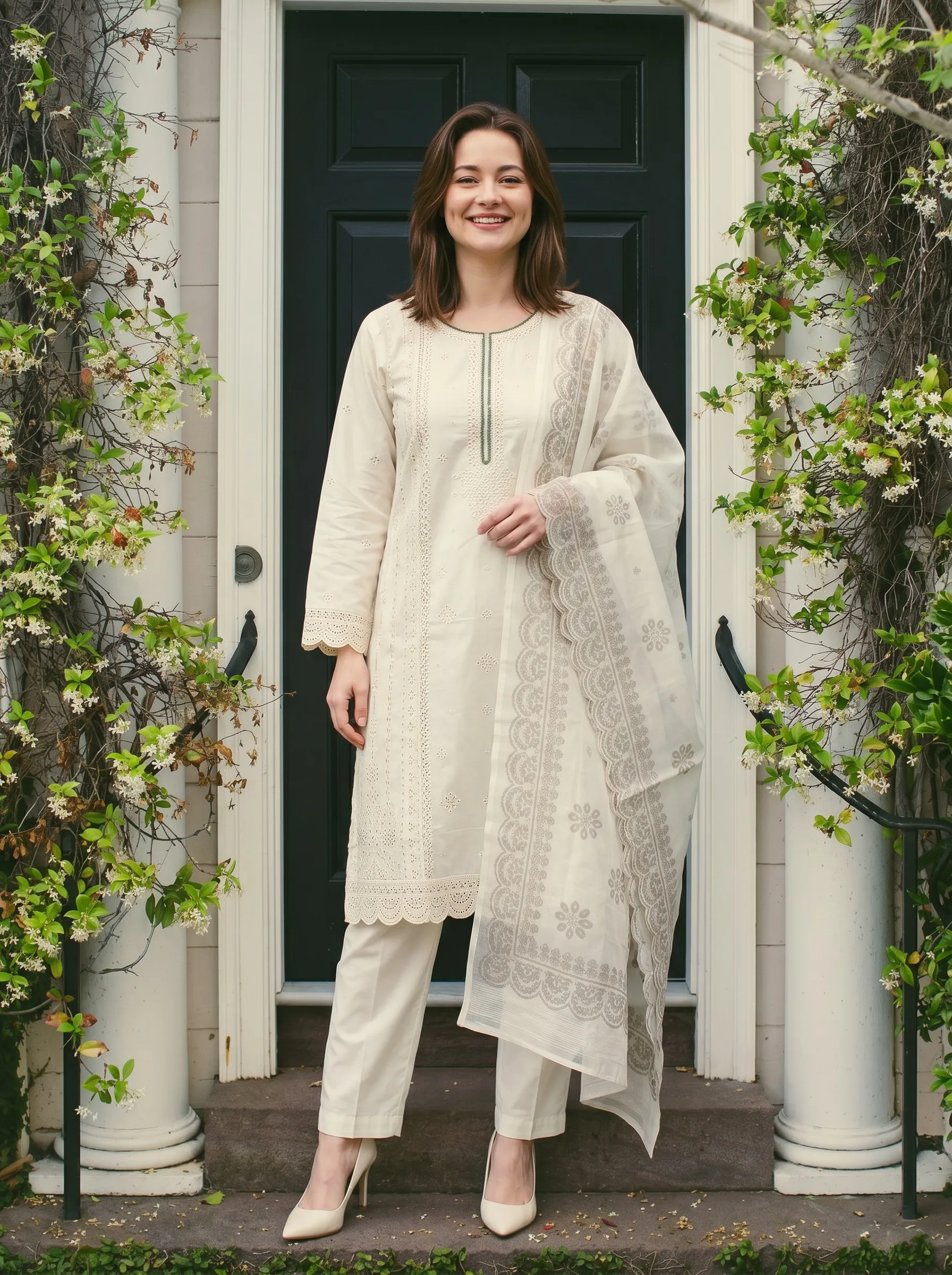Ivory Embroidered 3 Piece Suit with Dupatta