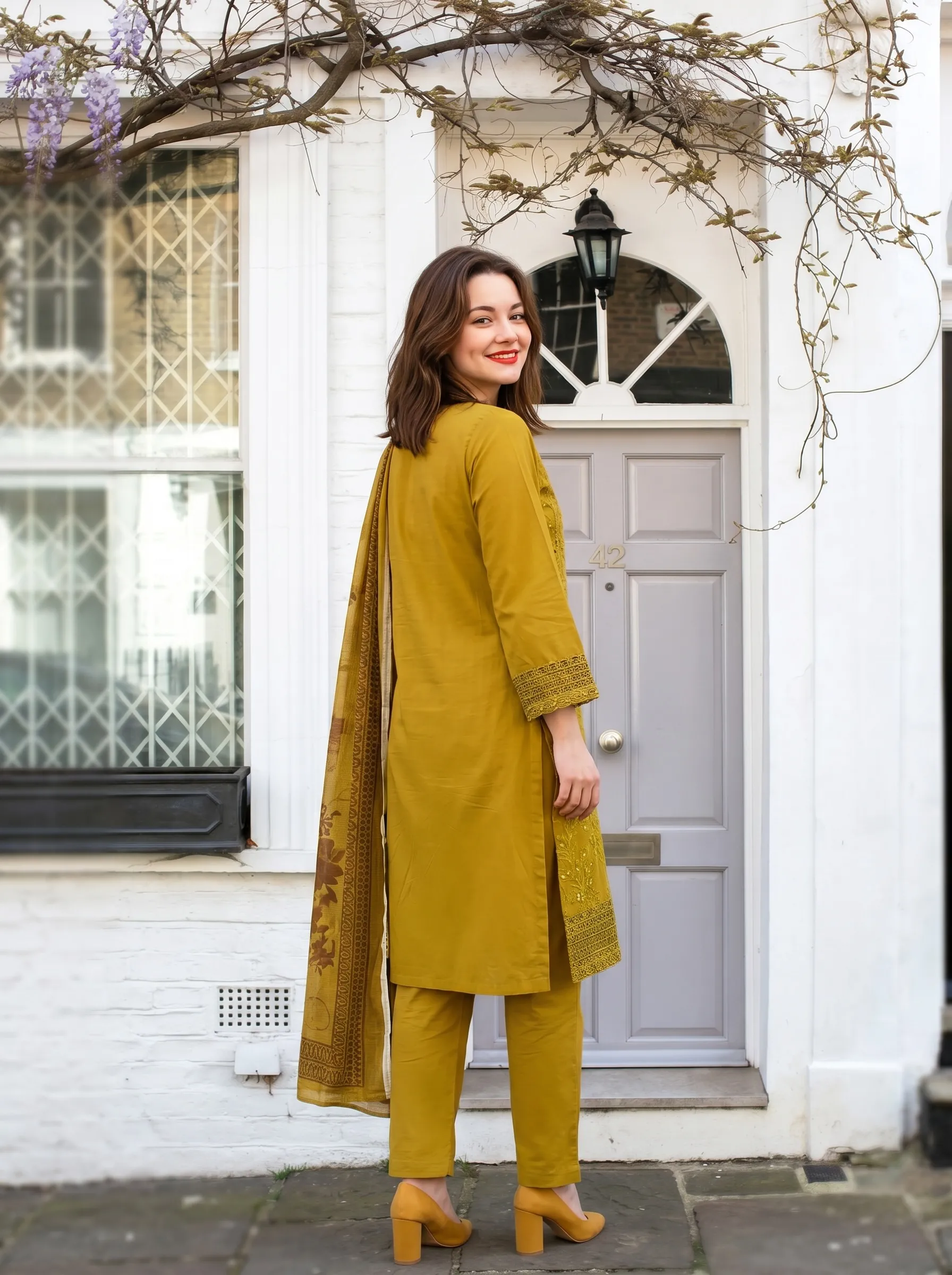 Antique Mustard Embroidered 3PC Suit - Image 3