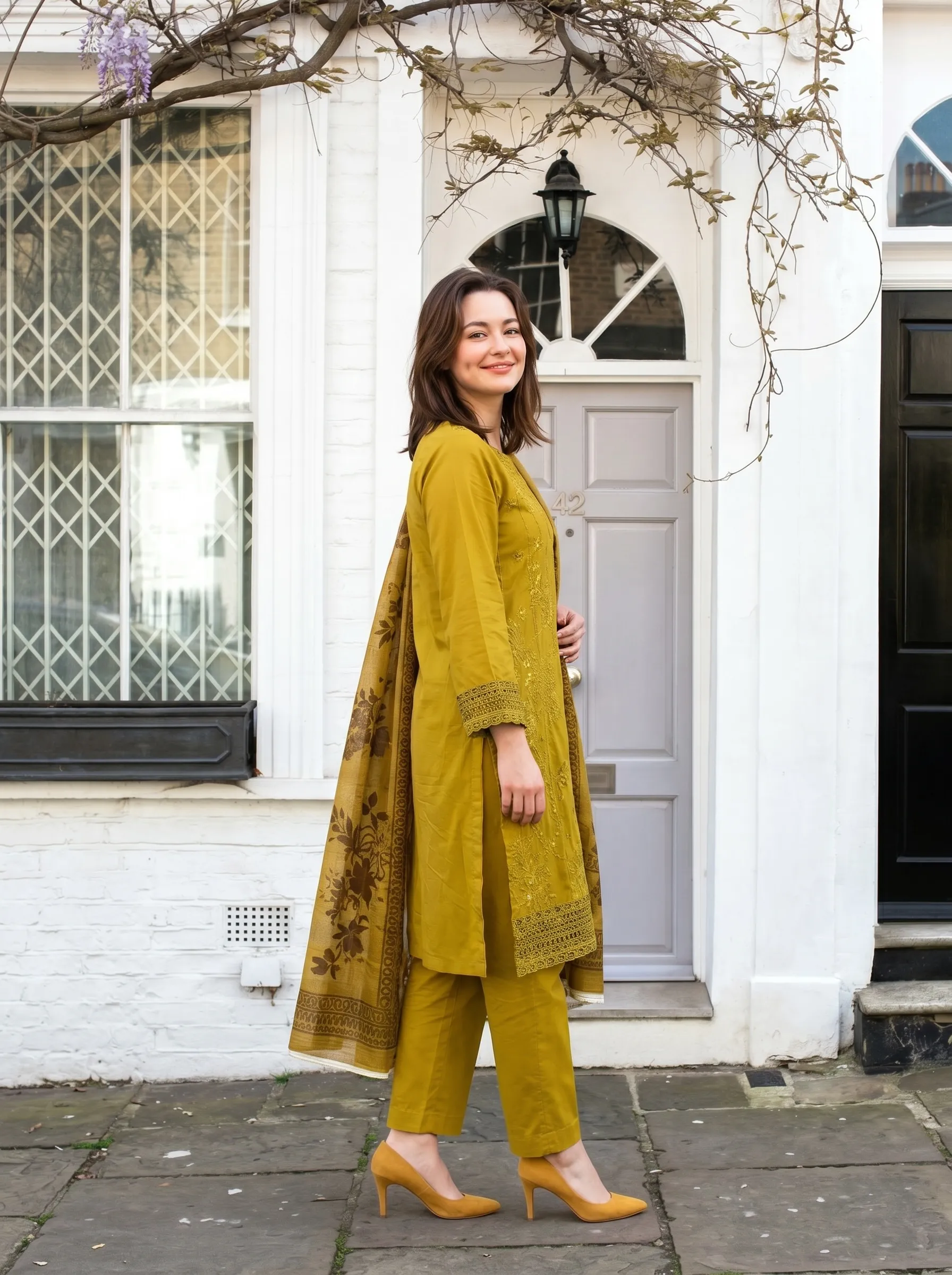 Antique Mustard Embroidered 3PC Suit - Image 2