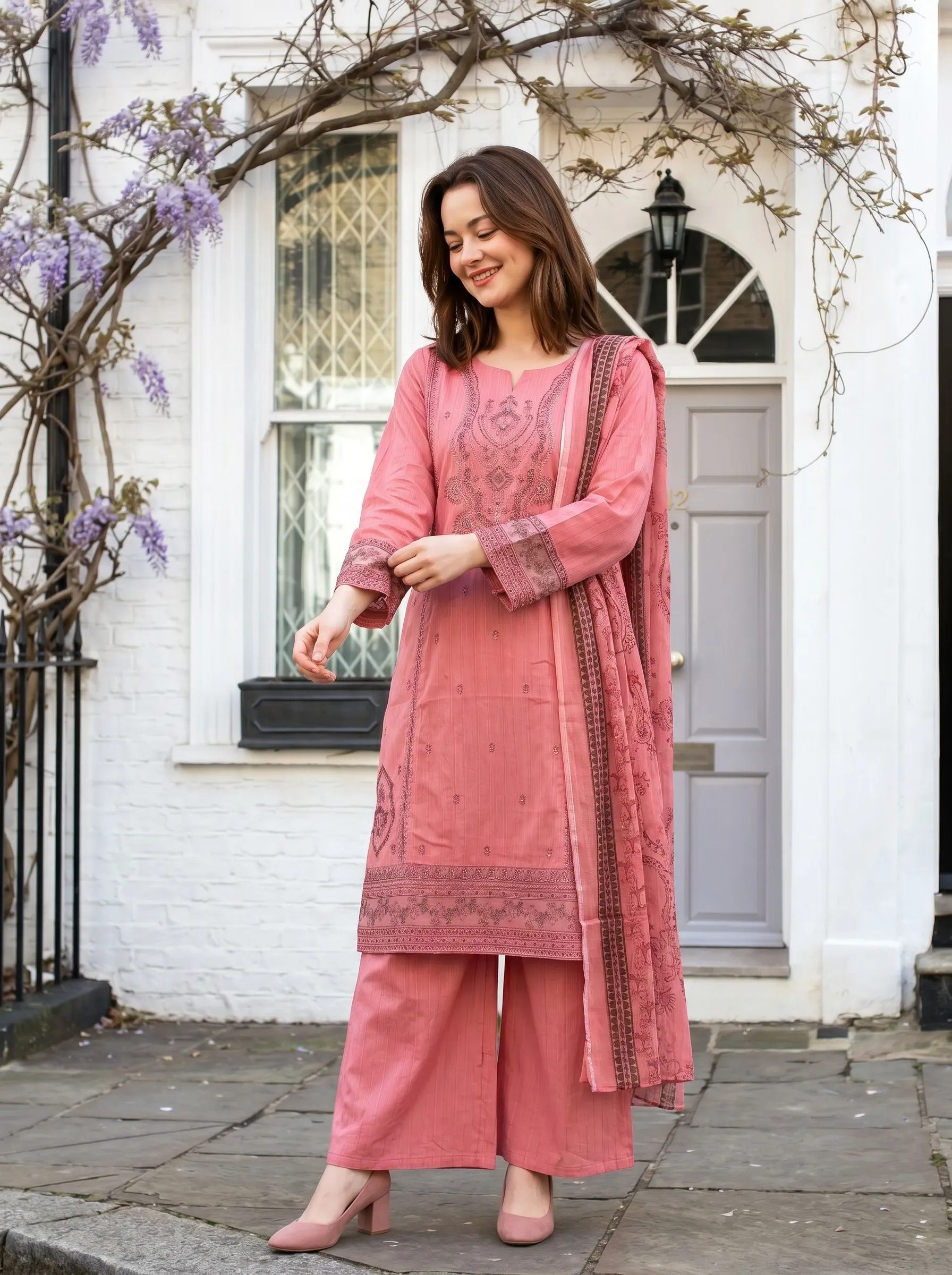 Rose Pink cotton Embroidered 3PC Suit
