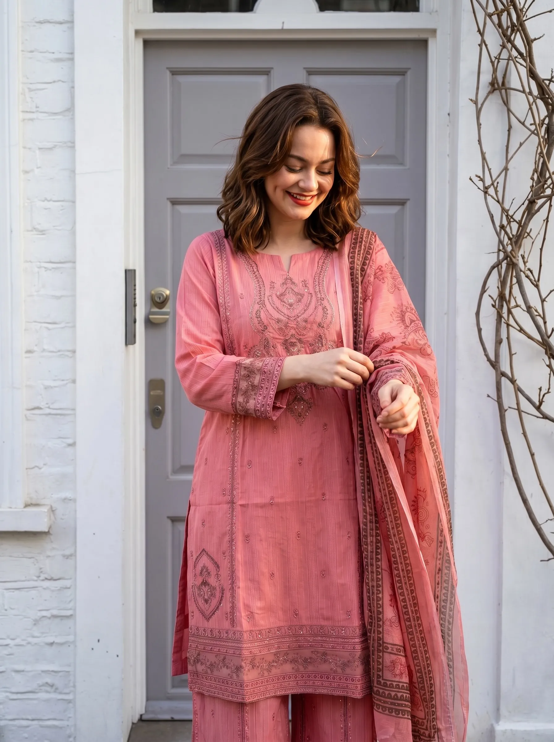 Rose Pink cotton Embroidered 3PC Suit - Image 2