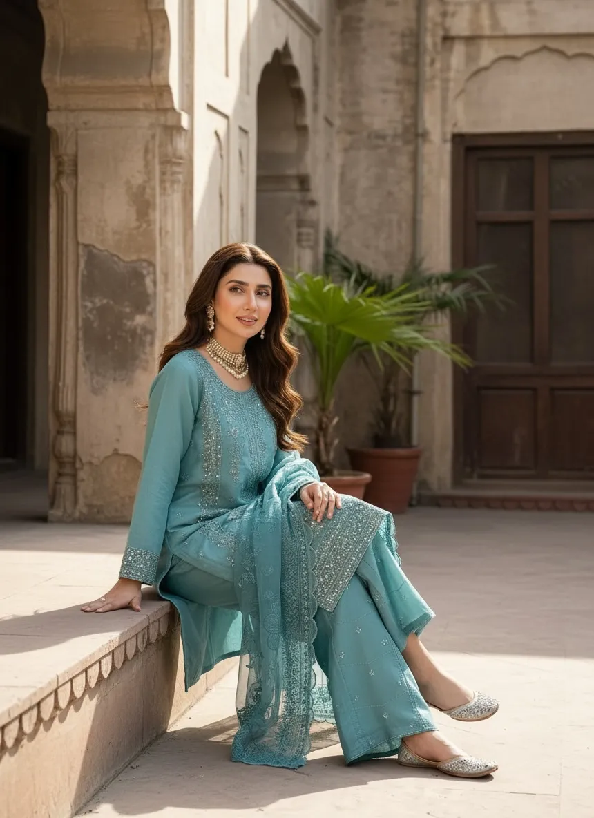 Aab Teal Embroidered 3PC Suit - Image 2