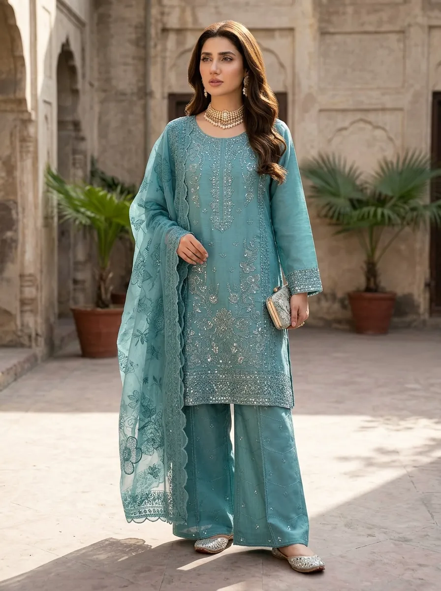 Aab Teal Embroidered 3PC Suit